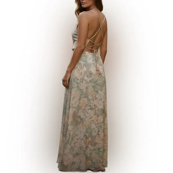 Romantic Floral Open Back Maxi Dress Peach Green Cream NWT M - Image 2