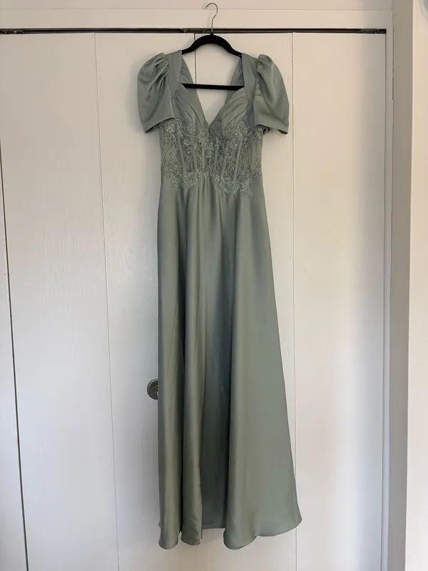 Agave Green Azazie Bridesmaid Dress A-Line Satin - Image 2