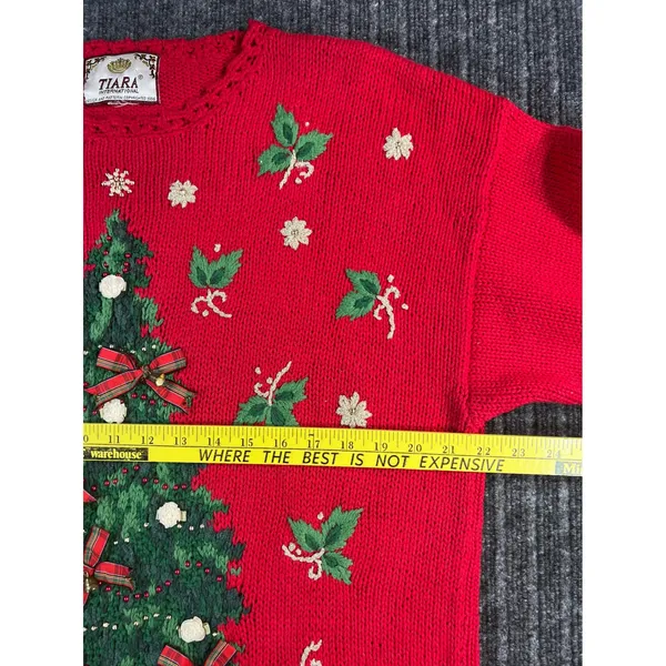 Vintage 90s Christmas Sweater TIARA Women L Red Tree Embroidered‎ Embellished - Image 4