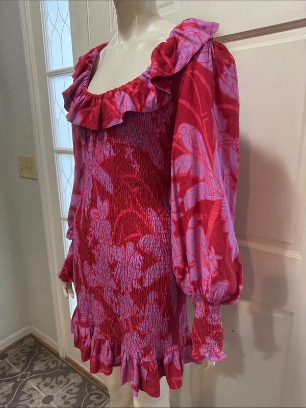 Farm Rio Smocked Floral Ruffle Mini Dress - Pink/Red - Image 8
