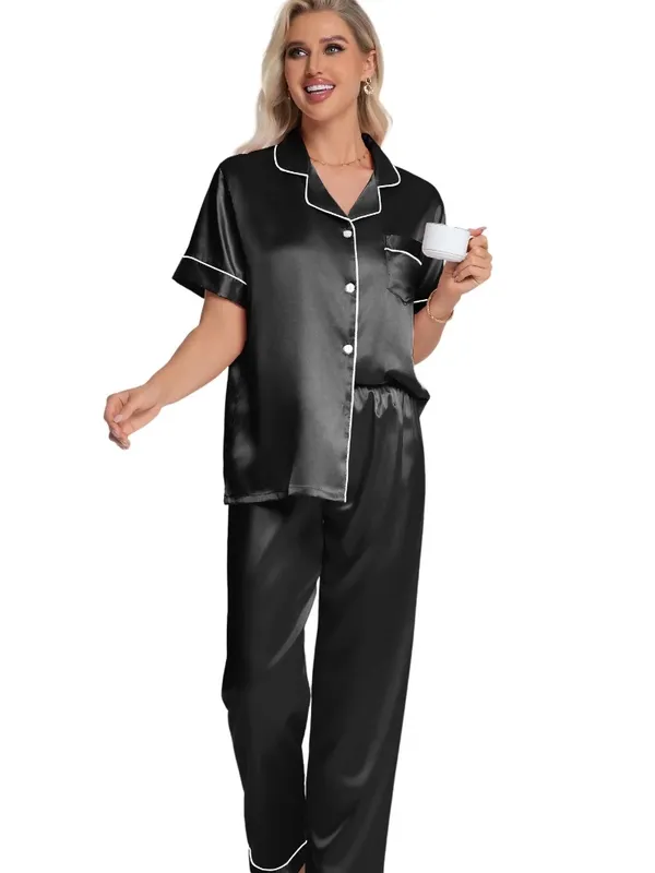 Women's Satin look/ feel Pajama Set - Black with White Piping - Image 7
