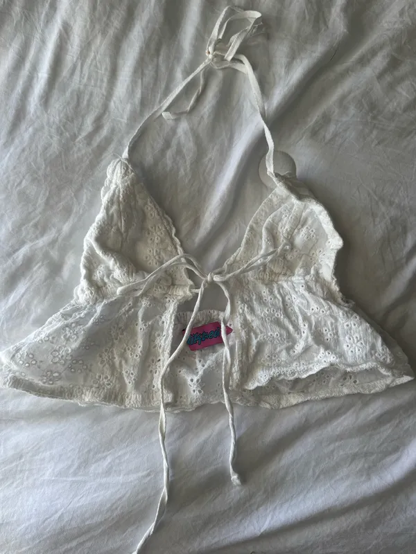 Edikted Jael Tie Front Eyelet Halter Top white  — Trendy going out top  - Image 3