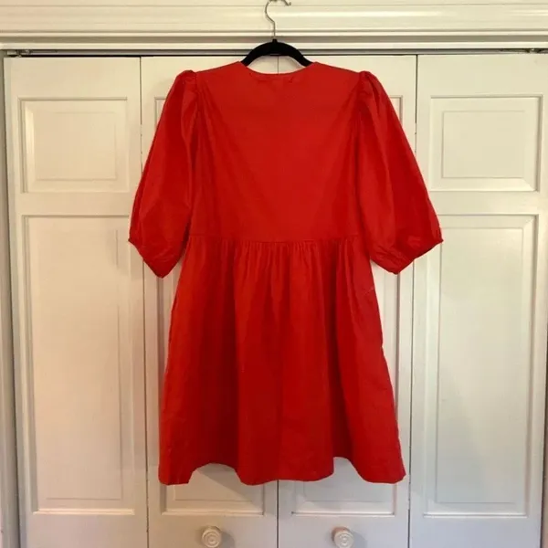Band of the Free LA red cotton pocket dress puff sleeve tie bust M - Image 6