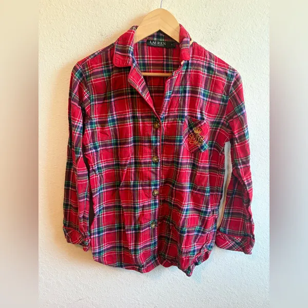 Ralph Lauren Red Green Plaid Flannel Pajama Set Size Small - Image 3