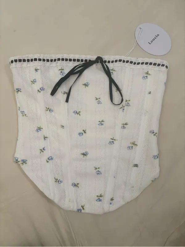 Loucia White Blue Floral Pointelle Corset Tube Top Lace Trim Size S NWT - Image 2