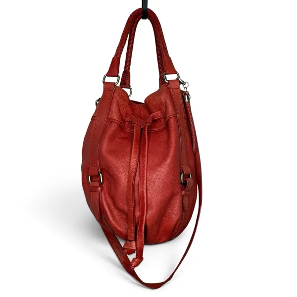 The Sak Red Pebbled Leather Bucket Bag Braided Drawstring Crossbody Handbag Hobo - Image 3