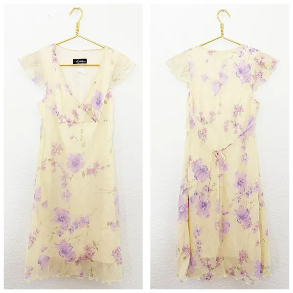 Vintage 90s City Triangles Butter Yellow Floral Midi Dress Fairy Coquette Y2K - Image 2