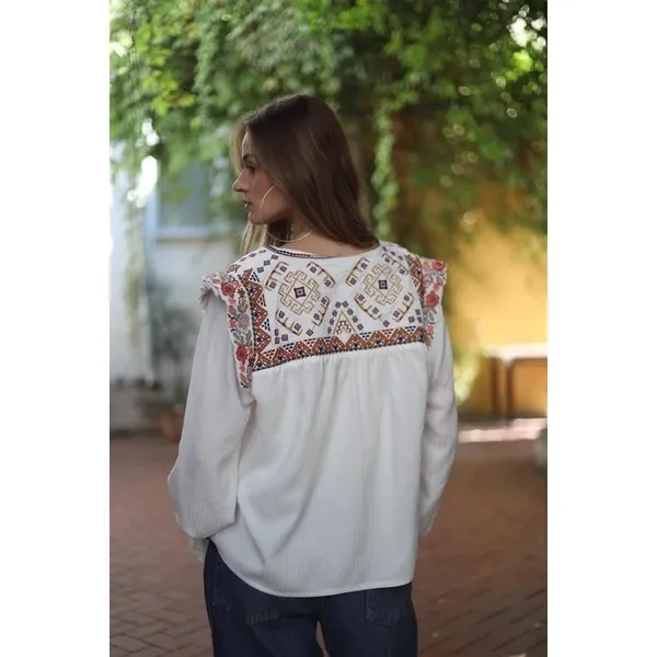 ANTIK BATIK Bernadette Embroidered Cotton Blouse White Boho Bohemian Small 38 - Image 8
