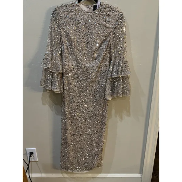 NWT Mac Duggal FULLY SEQUINED TIERED 3/4 SLEEVE MIDI Nude Size 6 - Image 4