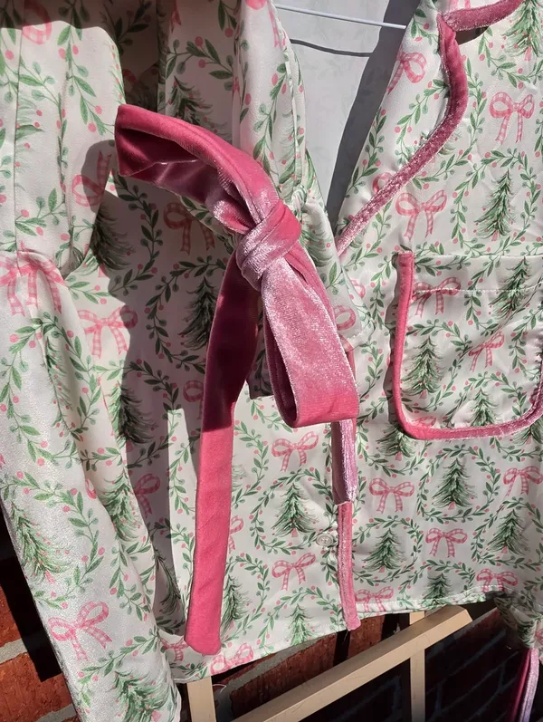 Under The Tree Christmas Pajama Set With Velvet Ties Top XS Bottoms M - Image 6