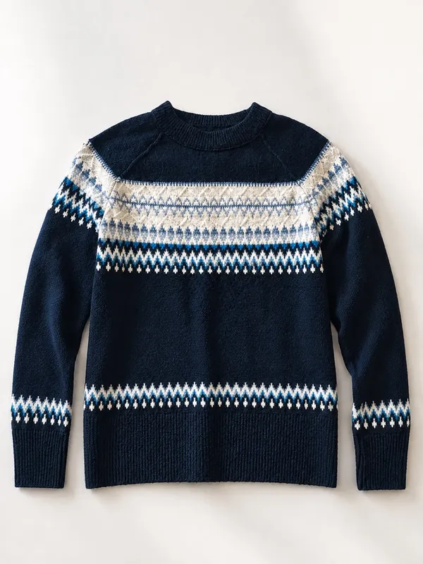 Aerie Fair Isle Nordic Knit Sweater Navy Blue Crewneck Pullover Size S/P - Image 2