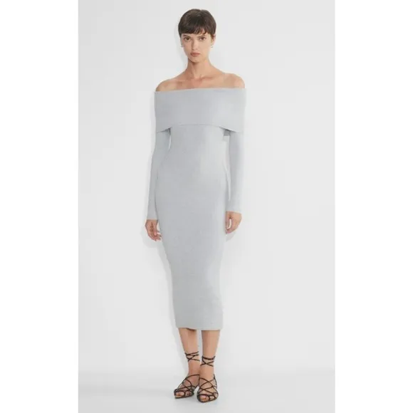 Wilfred Aritzia Gray Wool Blend Off The Shoulder‎ Italian Knit Midi Dress Size S - Image 3