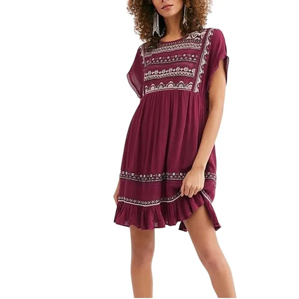 Free People Sleepless Summer Mini Dress XS Berry Burgundy‎ Embroidered Boho NWT - Image 13