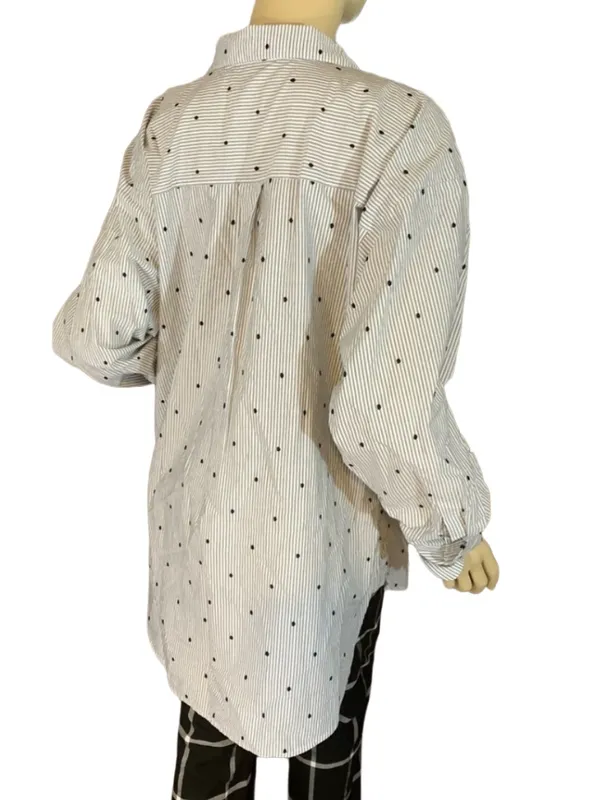Loft Gray, Black & White Stripes & Polka-Dot Cotton Button Down Top (L) - Image 5