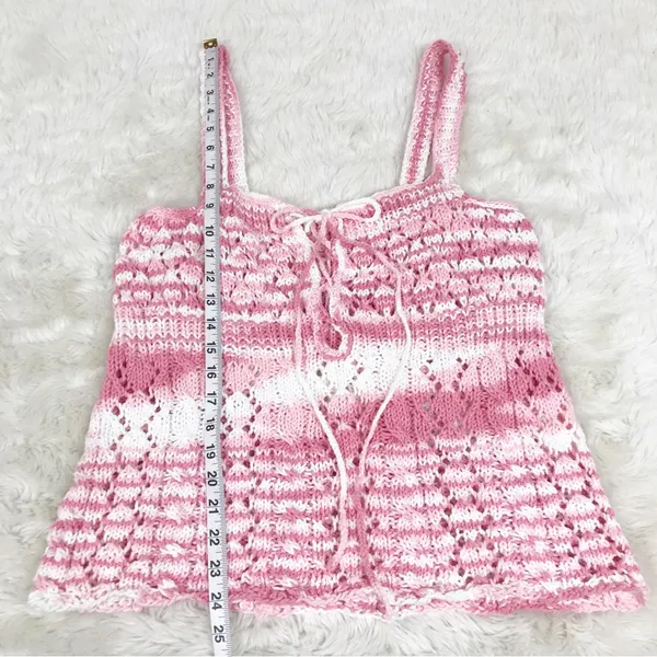 VINTAGE Pink White Handmade Crochet Tank Top Boho Indie Cottagecore Size‎ L XL - Image 7