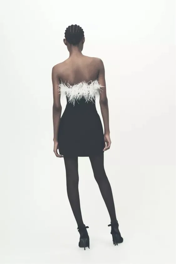 Zara dress mini bodycon Elegant Black and White Feather holiday party coctail - Image 14