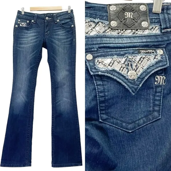 Miss Me Y2K Jeans Women's Size 29 Bling Rhinestone Back Flap Bootcut Dark Wash - Image 13