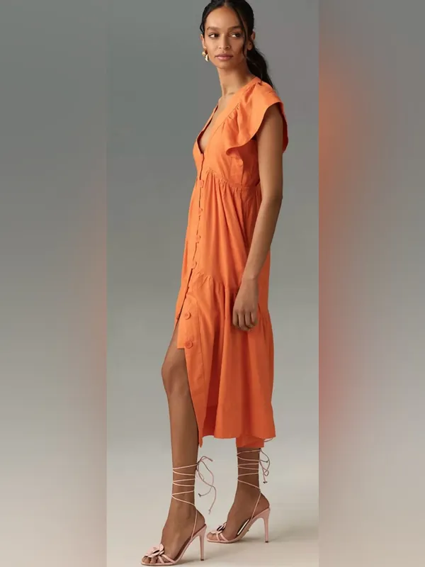 Reneé Flutter-Sleeve Linen Button-Front Midi Dress Pockets Orange Size Medium - Image 4