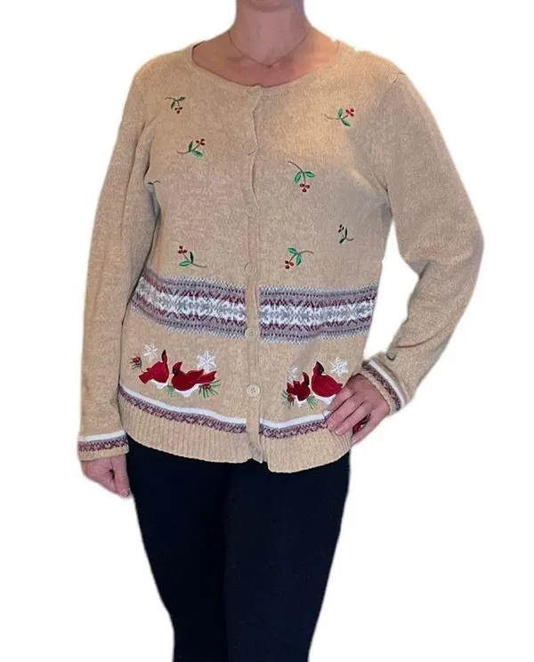 Crystal Kobe Embroidered Cardinal Holiday Christmas Cardigan Sweater - Image 2