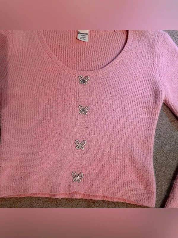Pink Fuzzy Rhinestone Butterfly Button Long Sleeve Sweater - Image 7
