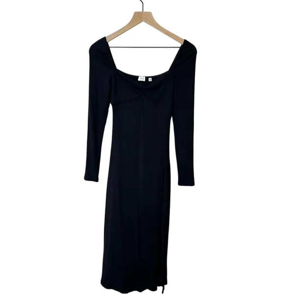 Aritzia Wilfred Black Palm‎ Dress Ling Sleeve Knit Midi Slit Twist Front Size M - Image 2