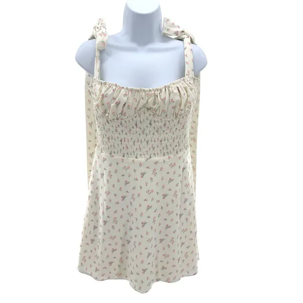 House of CB Gianna Cream Pink Floral Smocked Tie Shoulder Mini‎ Dress Milkmaid L - Image 2