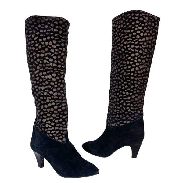 Nina Black & Brown Spotted Genuine Suede Pull On Knee High Boots (5.5) - Image 3