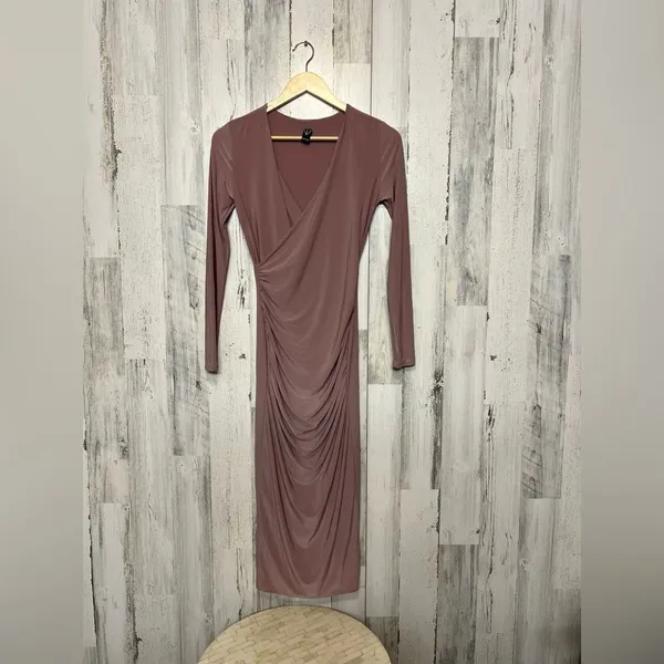 Windsor Ruched Faux Wrap Maxi Dress Womens Small Mauve Purple Long Sleeve Bodyco - Image 2