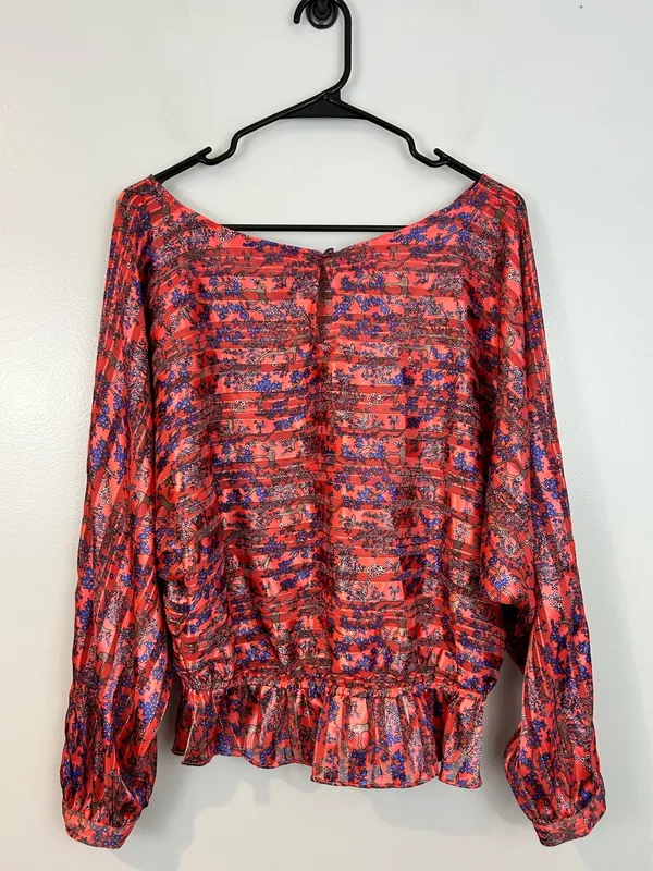 Free People Pink/Blue Metallic Smocked Floral Dolman Sleeve Peplum Top Large - Image 9