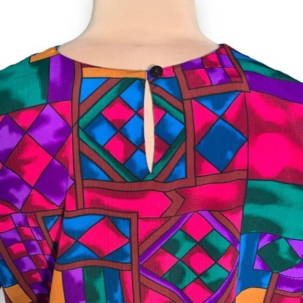 Vintage Hill & Archer Shirt Geometric Multicolor Purple Blue Crinkle‎ Fabric - Image 5