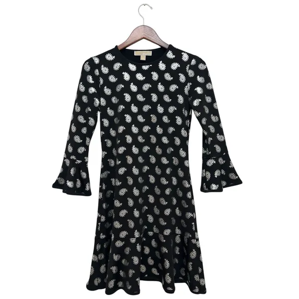 MICHAEL KORS Black/Silver Foil Paisley Flounce Shift Dress Bell Sleeves Size S - Image 9