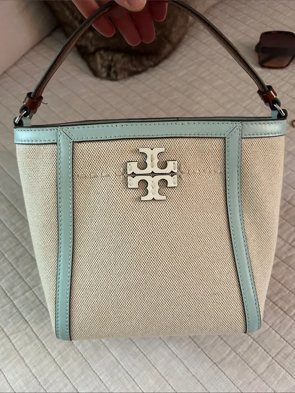 Tory Burch McGraw bucket canvas small tote bag cream blue - Image 3