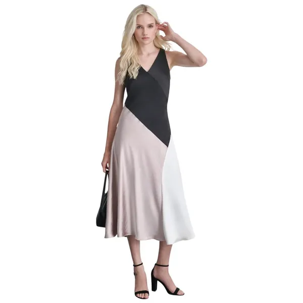 DKNY Womens Satin Colorblocked Slip Dress Black / Cloud / Eggshell 10 - Image 8