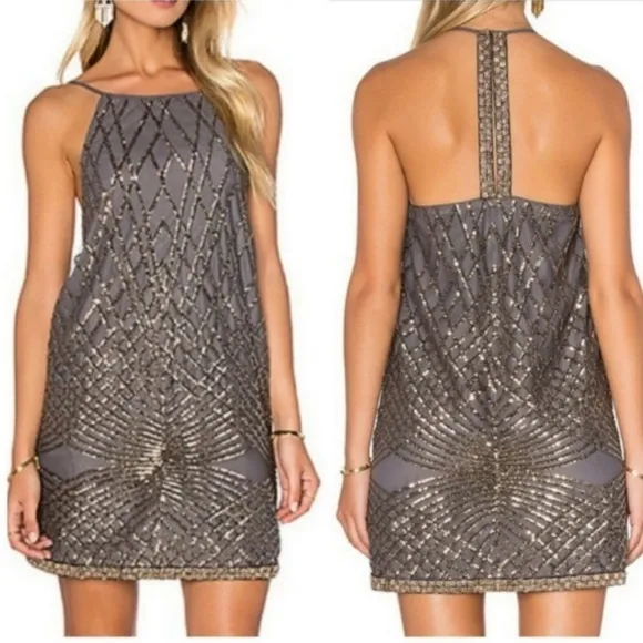 Goldy Sequin Beaded Mini Cocktail Dress in Gray - Image 2