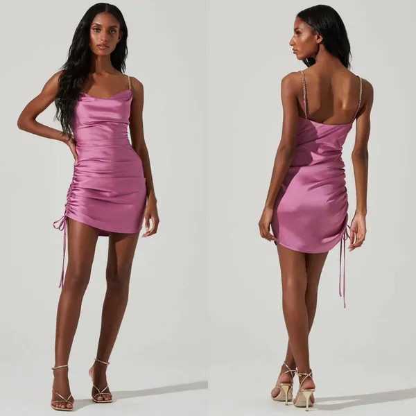 ASTR The Label Trista Satin Mini Dress in Mauve Pink with Gold Chain Straps - Image 2