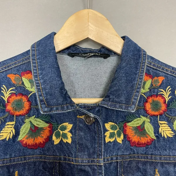 Embroidered Jean Jacket Autumn Colors Dark Wash Denim Women Size‎ Small Fall - Image 12