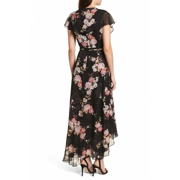 WAYF Palermo Wrap Dress Womens L Black Floral Chiffon High Low Maxi Romantic - Image 2