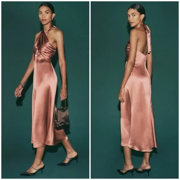 Reformation Maddison Silk Dress Praline Pink Brown Halter Midi Womens 12 NEW - Image 11