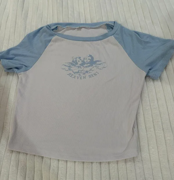 Angel Print Cropped Tee Y2K Size M - Image 2