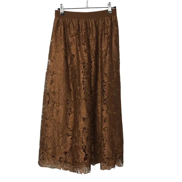 Boutique Brown Lace High Waist A-Line Midi Skirt 4‎ - Image 3