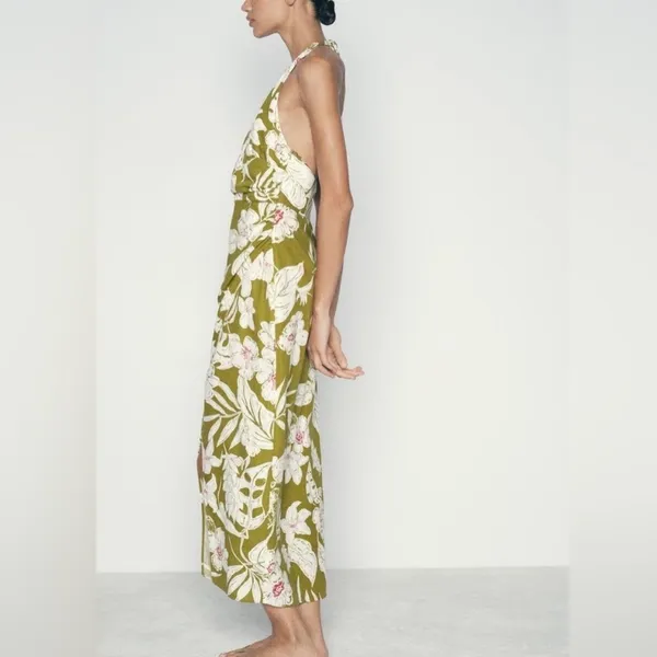 NEW Zara Linen Floral Tropical Halter Neck Maxi Dress Green Khaki White Pink XS - Image 3