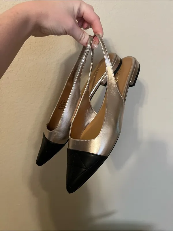 Aldo Black Pointed Toe Metallic Gold Slingback Flats - Image 4