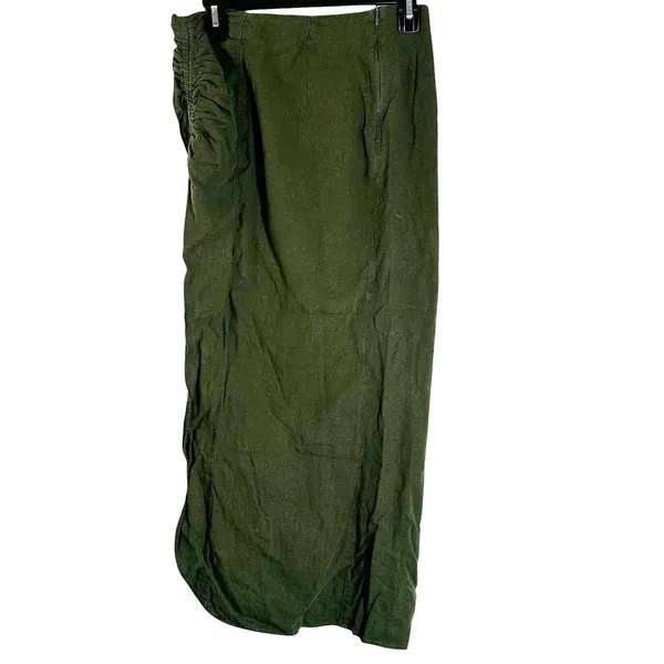 Zara M Ruched Linen-Blend Midi Skirt Olive Green Faux Wrap Side Slit - Image 2