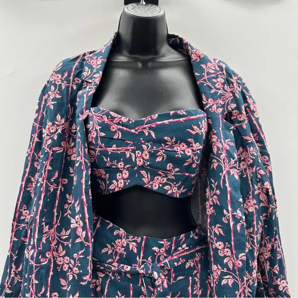 Free People Poolside Navy Blue & Pink Floral 3 Piece Set Sz‎ L - Image 5