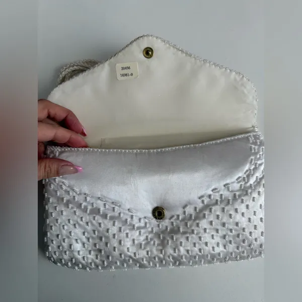 Vintage White Beaded Satin Clutch Purse | Pearl Evening Bag Bridal Prom 90s Y2K - Image 6