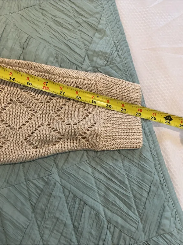 Marled Cream Openwork Diamond Knit Crewneck Sweater - Image 4