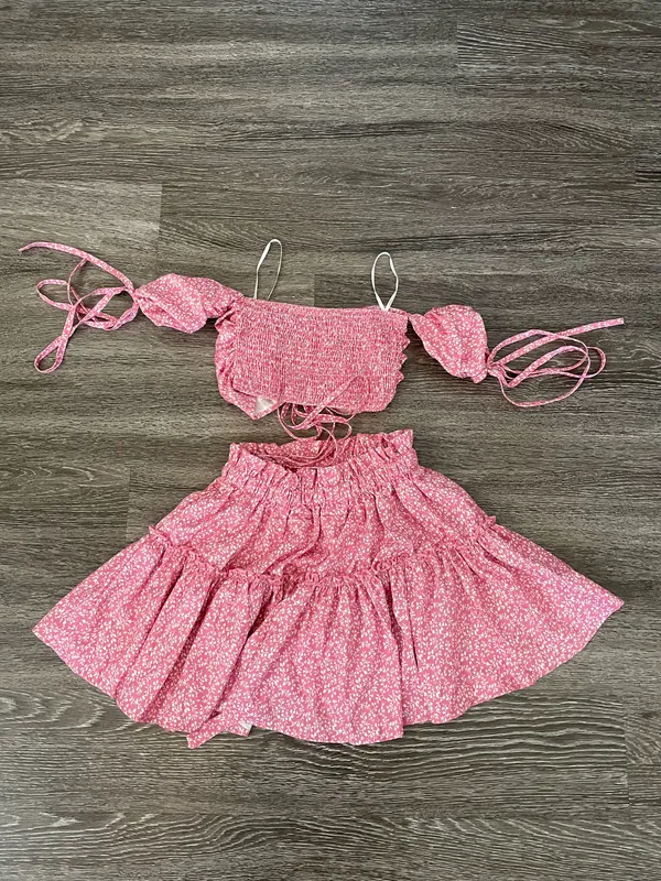 Rose Pink Floral Drawstring Off-The-Shoulder Crop-Top Paperbag Skirt Two-Piece Set - Image 7