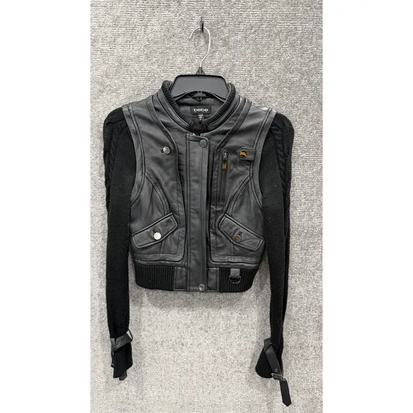 Vintage Bebe Women Jacket XS Black Leather Moto Fabric Sleeves Y2K - Image 2