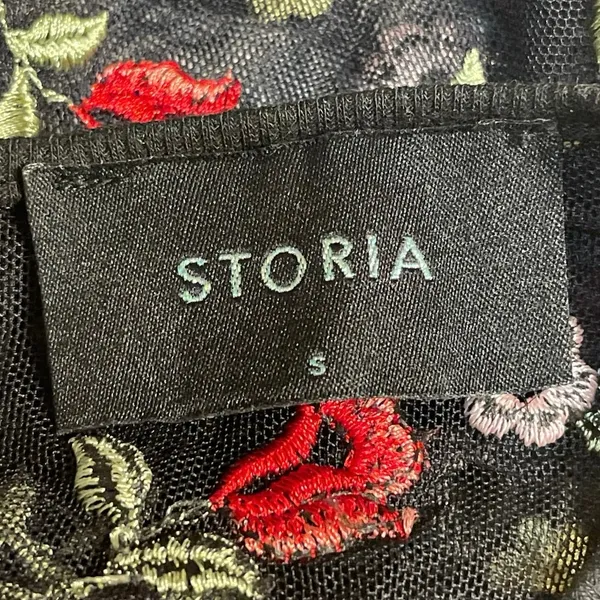 Storia Womens Black Lace Sheer Embroidered Floral Short Sleeve Crop Blouse Top S - Image 4