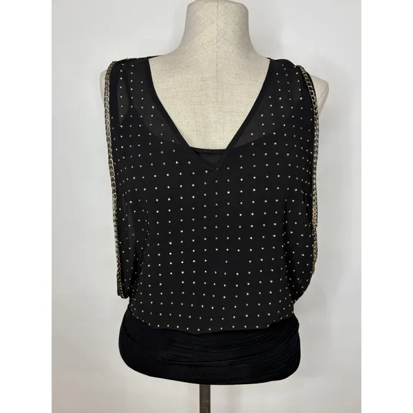 Bebe Black Rhinestone Studded Chain Trim Sleeveless Ruched Top Small - Image 5